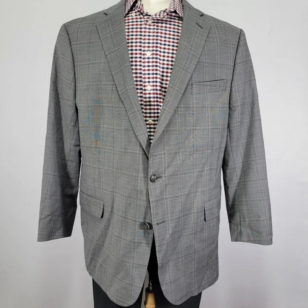 Stafford Men's Sport Coat‎ Blazer Two Button Gray Plaid Wool Blend Classic 50R